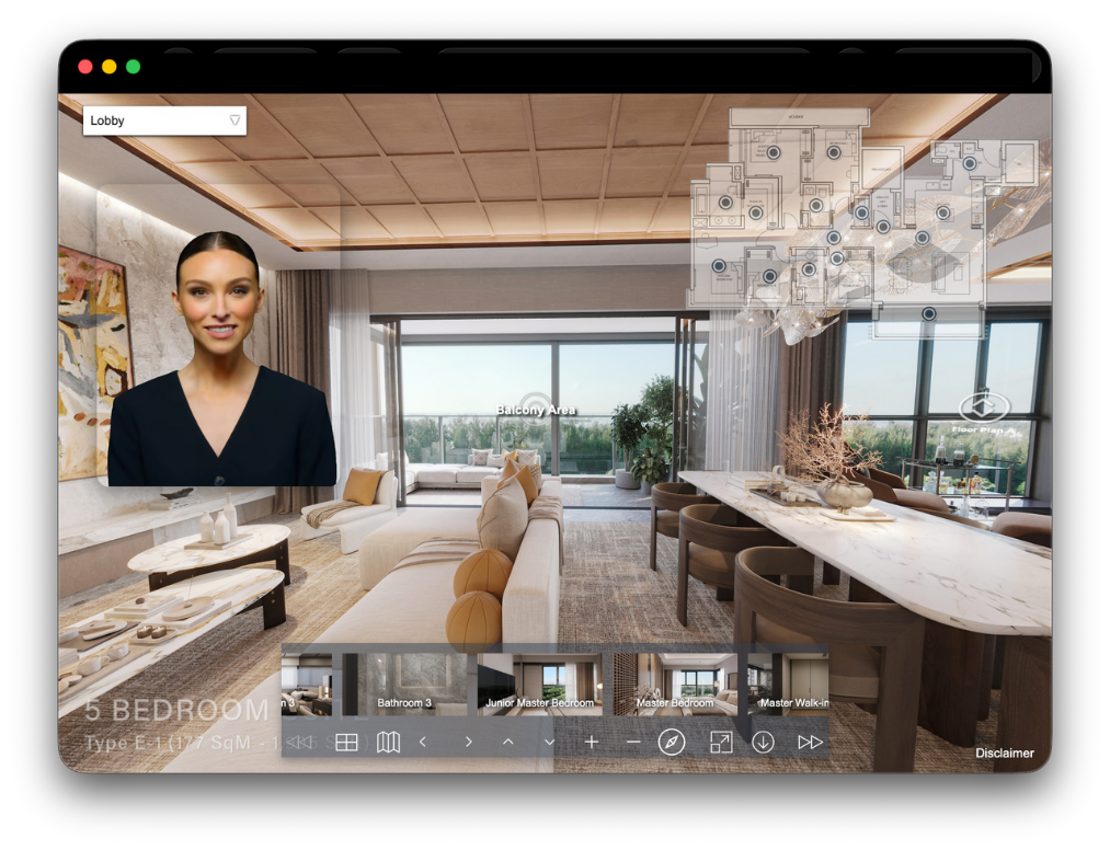 Reagent virtual tour interface showing luxury apartment with AI presenter, floor plan overlay and room navigation